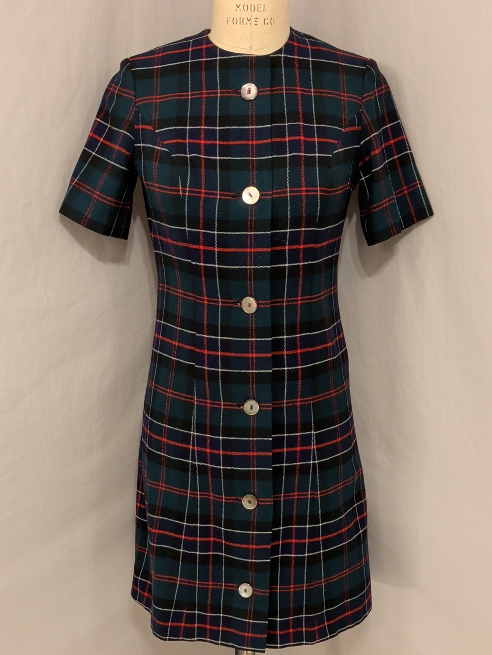 Vintage Wool Plaid Short-Sleeve Button-Front Dress Classic Tartan